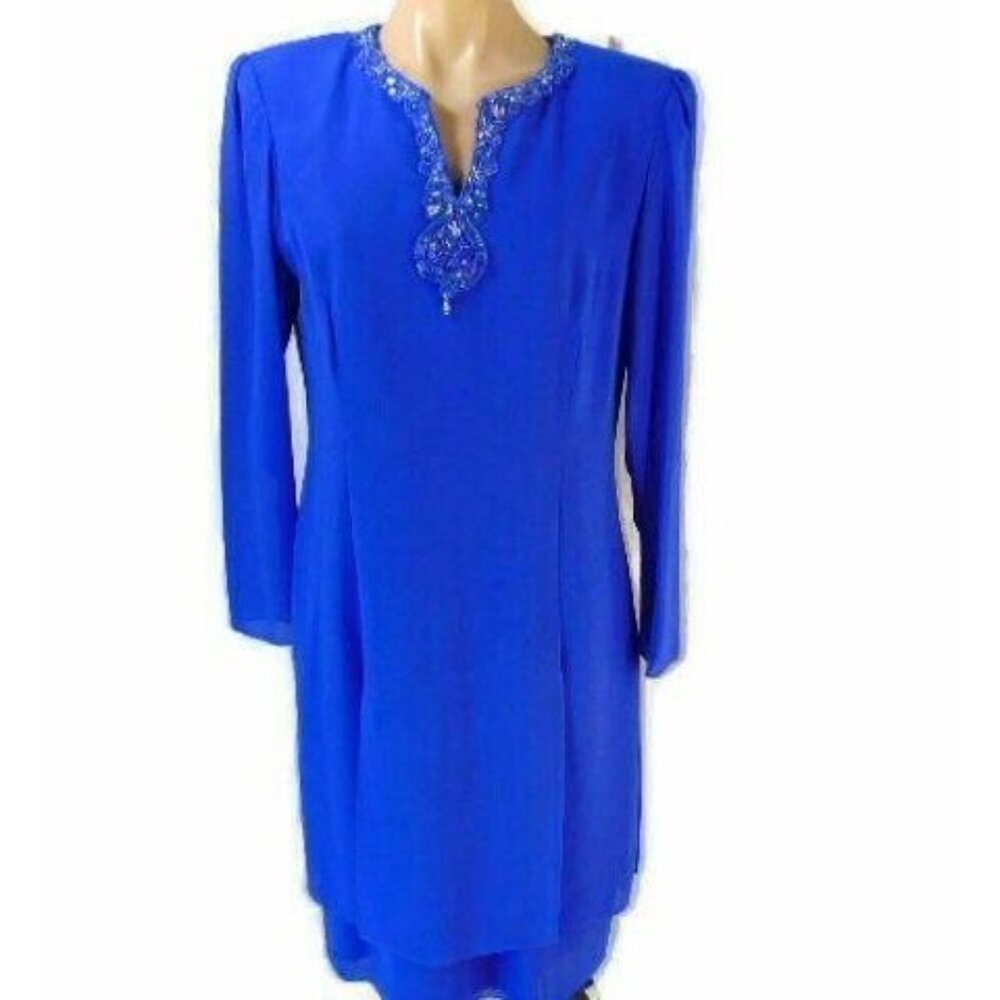 Ursula Switzerland Purple Sequin Dress 10 Fitted L/S Beaded Scarf Hem MoB Bride - Picture 1 of 9